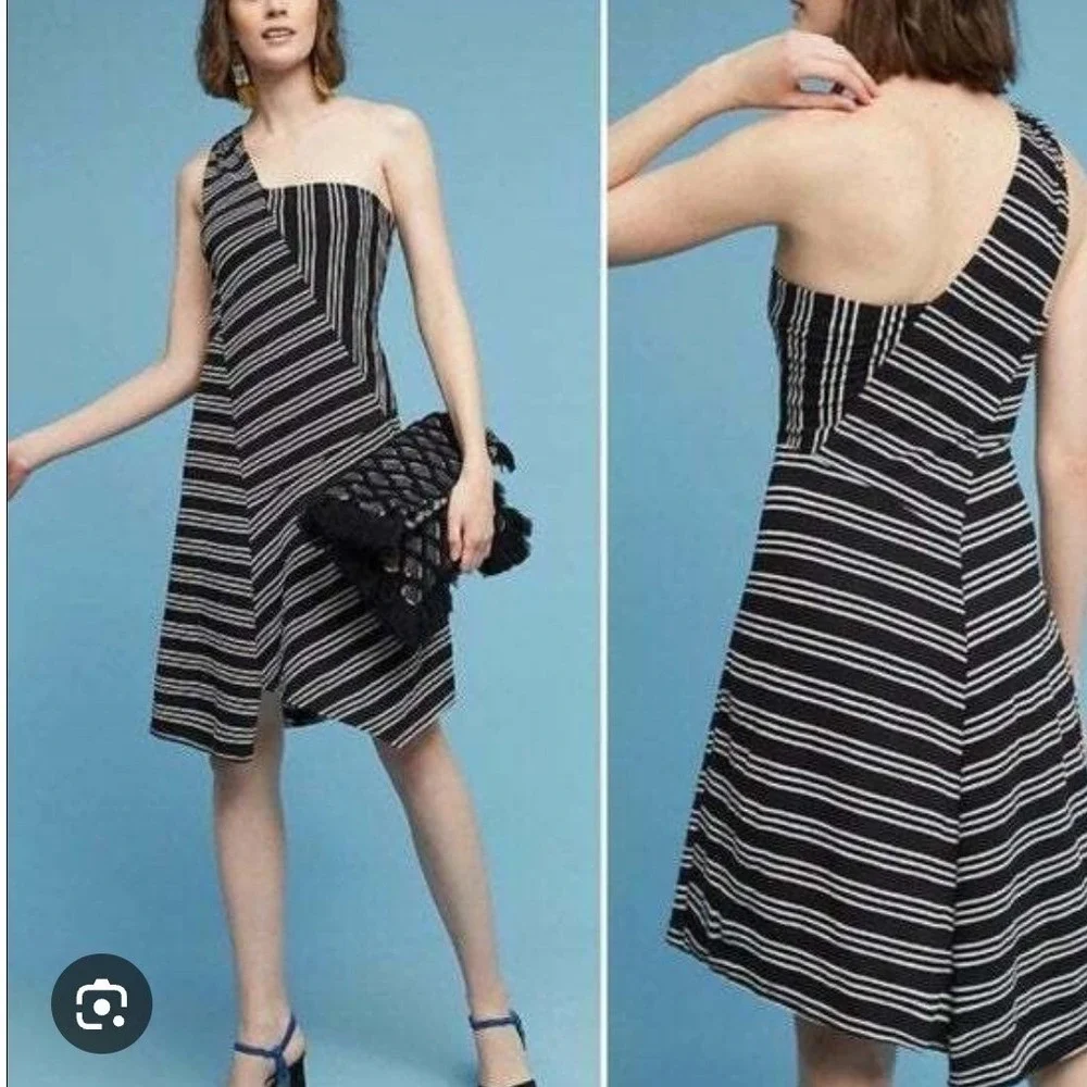 Anthropologie Maeve One Shoulder Striped Knit Dress Black White‎ Size Large
